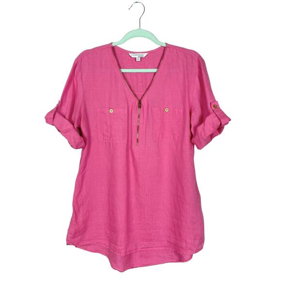 Ellen Tracy Linen Zip Neck Tunic Top Peony Pink Large Lagenlook Beachy - Picture 1 of 10